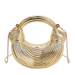 Golden crescent evening bag with textured pleats and a round top metal handle