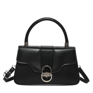 Classic black leather underarm bag with vintage silver metal buckle and flap cover