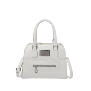 Minimalist white Boston style handbag with top handle and adjustable shoulder strap
