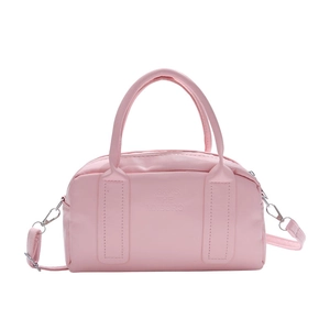 Summer pink Boston handbag with adjustable shoulder strap and top handles on white background