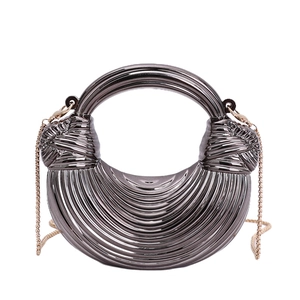 Metallic crescent evening handbag with ripple texture and gold chain strap