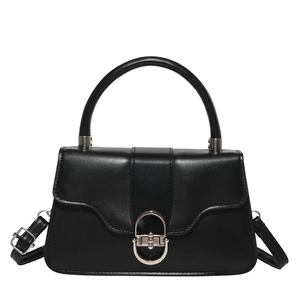 Classic black leather handbag with a round handle and silver oval hardware lock