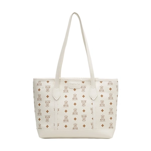 White leather tote bag with brown bear patterns and dual straps for daily commuting