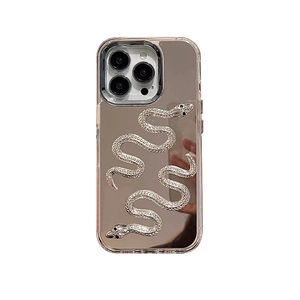 Mirror silver snake pattern phone case for iPhone series with metallic relief and clear edges