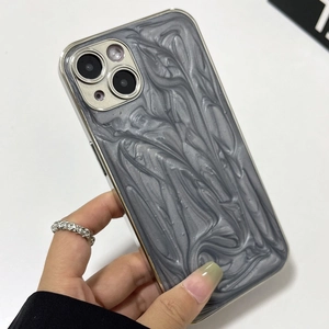 Gray marble texture iPhone case with electroplated silver edges shown in hand on white background
