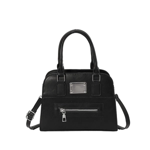 Minimalist black matte leather small square tote bag with adjustable shoulder strap and top handles