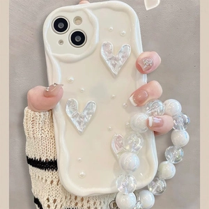 Cute Wave Edge TPU Phone Case With 3D Heart Artificial Pearl Charms And Bead Lanyard Shockproof Protective Cover For Women Girls