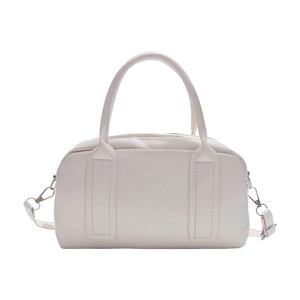 White Boston handbag with KS&KS embossed letters and adjustable shoulder strap