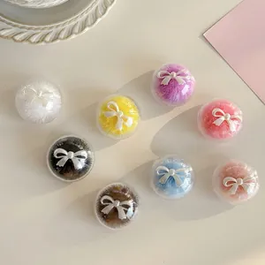 Korean Style Round Phone Grip With Transparent Shell Faux Mink Fur Ball Bow Decor Cute Desktop Stand For Women Girls