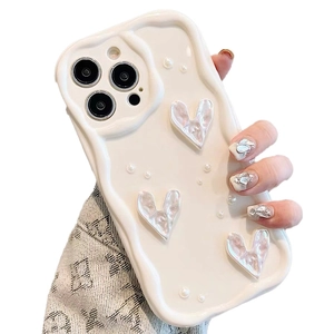 Creamy white wavy iPhone case with 3D pearlescent hearts and small pearl decorations