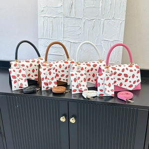 Women's chic strawberry print shoulder bags in four colors with mini pouch and strap