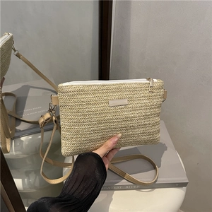 Minimalist beige woven crossbody bag with gold metal plaque and top zipper closure