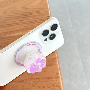 Support de téléphone patte de chat violette avec texte Good Luck sur bois