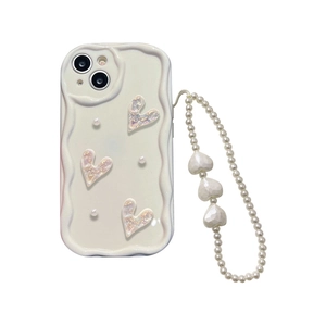 Creamy wave edge iPhone case with colorful hearts and luxury pearl wrist strap