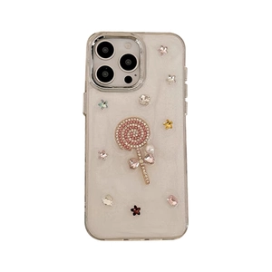 Glitzer-Epoxid-iPhone-Hülle mit funkelndem Strass-Lutscher und bunten Sternen verziert