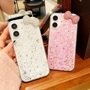 Rhinestone Bow Glitter Resin Phone Case TPU Soft Protective Cover For iPhone 17 16 15 14 13 12 Pro Max Luxury Shiny