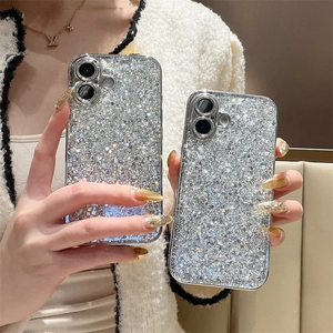 Detailed view of silver glitter sparkles on luxury case held by a model for iPhone