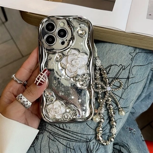 Silver mirror phone case for iPhone with 3D camellia flower and pearl charm chain