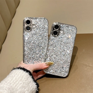 Close-up of luxury silver glitter phone case showing detailed sparkling sequin texture