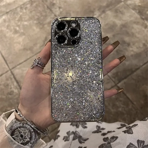 Detail of silver glitter sequin phone case for iPhone with luxurious sparkling finish