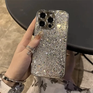 Luxury silver glitter phone case for iPhone with shiny sequin finish and metal camera ring