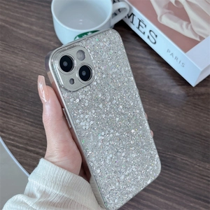 Macro detail of silver glitter iPhone case with high-density shimmering sequins finish