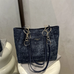 Large capacity navy denim tote bag with pearl accents and gold chain straps for women