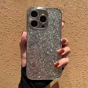 Detailed view of luxury silver glitter sequins texture on iPhone protective phone case