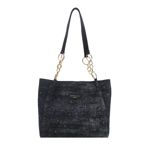 Large capacity black tweed tote bag with starburst texture and chain shoulder strap
