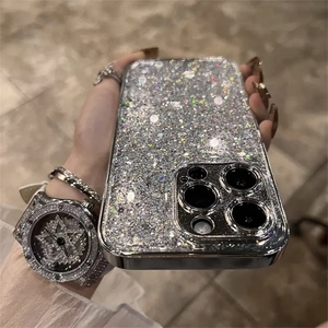 Luxury Glitter Sequin Phone Case Shiny TPU Electroplated All-inclusive Protective Smartphone Cover For Women Girls Silver