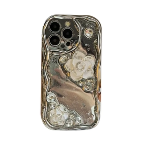 Silver electroplated iPhone case with 3D white camellia flowers and sparkling crystals