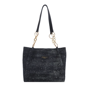 Retro grey tote bag with white polka dots, long leather straps and gold chain accents