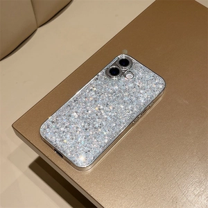 Close-up of luxury silver glitter phone case with sparkling sequins and camera protection