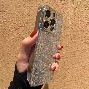 Close-up of luxury silver glitter phone case with electroplated edges for iPhone