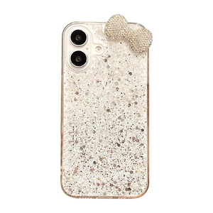 Sparkly glitter iPhone case with rhinestone bowknot on a clear protective back cover