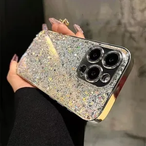 Silver glitter phone case for iPhone with shiny metallic camera lens ring and frame
