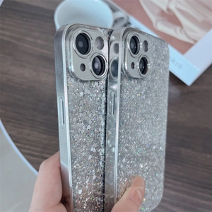 Macro detail of silver glitter iPhone case with metallic electroplated protective edges