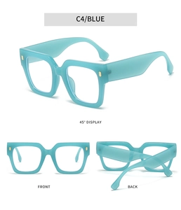 Three-view display of thick square blue frame glasses with gold metal accents