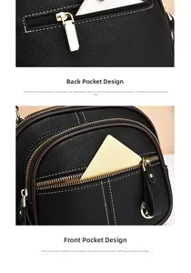 Detail of minimalist black pebbled leather bag with golden zippers and functional pockets