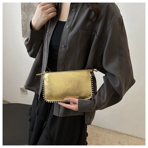 Detail showing the golden metallic texture and silver beaded edges of the crossbody bag