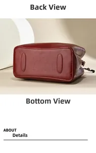 Détails du sac à main rouge foncé en similicuir montrant le dos texturé et le fond renforcé