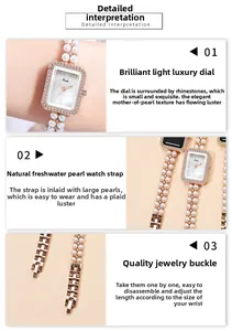 Detail of Gedi watch with a mother-of-pearl dial and freshwater pearl strap