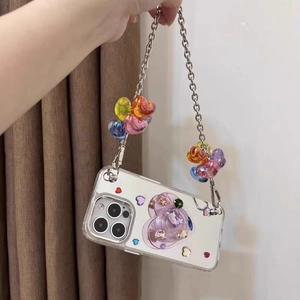 Mirror rhinestone iPhone case with 3D purple heart gem and colorful beaded chain strap