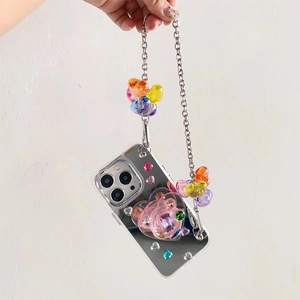 Mirror phone case with pink heart rhinestones and long colorful bead chain strap