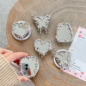 Mirror heart butterfly phone grip with silver lava frame and pink crystal accent
