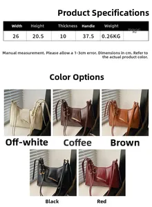 Detailed size chart showing five color variants of minimalist PU leather shoulder bags