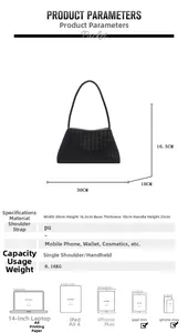Detailed size specifications and dimensions for the black woven vegan leather handbag