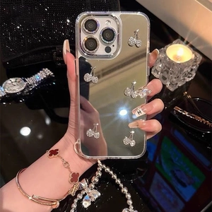 Mirror phone case for iPhone with 3D crystal cherry design and sparkling lens protection