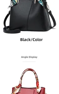 Detail of red and black lychee grain leather handbags with decorative silk scarves