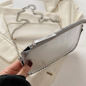 Silver metallic envelope crossbody bag with pearl bead trim and chain strap for women